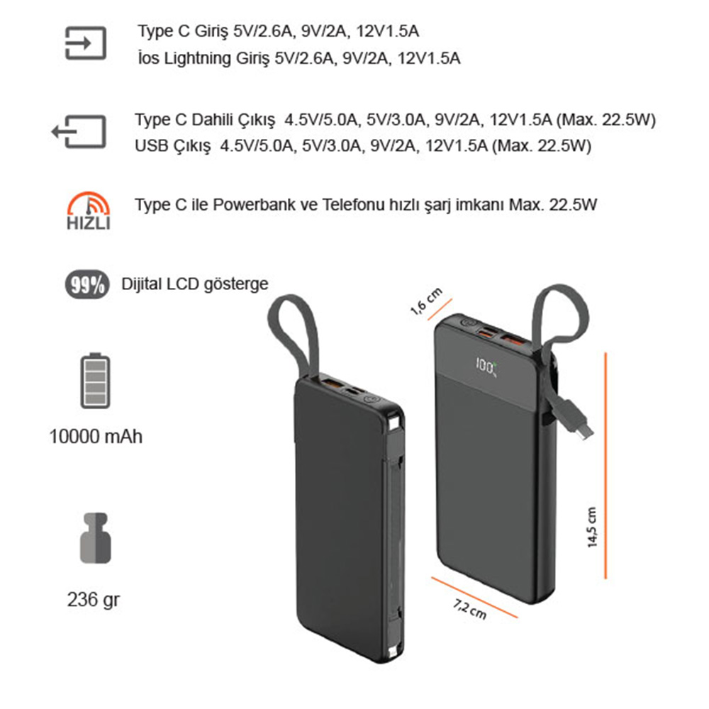 Promosyon Hızlı Şarj Dahili Kablolu Powerbank 10000 mAh