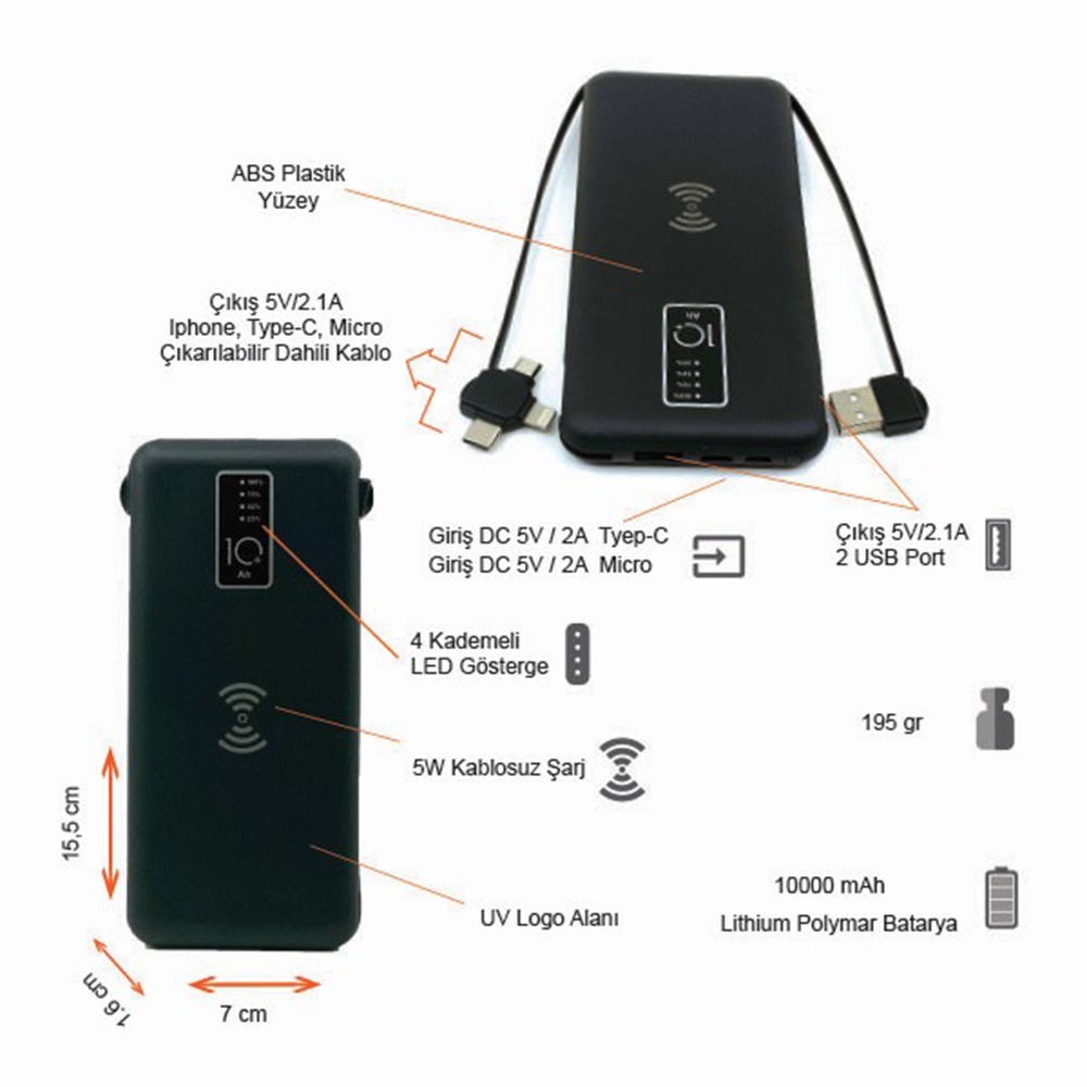 Promosyon Dahili Kablolu Wireless Powerbank 10000 mAh