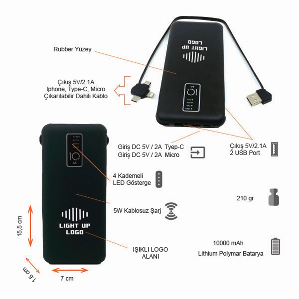 Promosyon Işıklı Logo Wireless Powerbank 10000 mAh