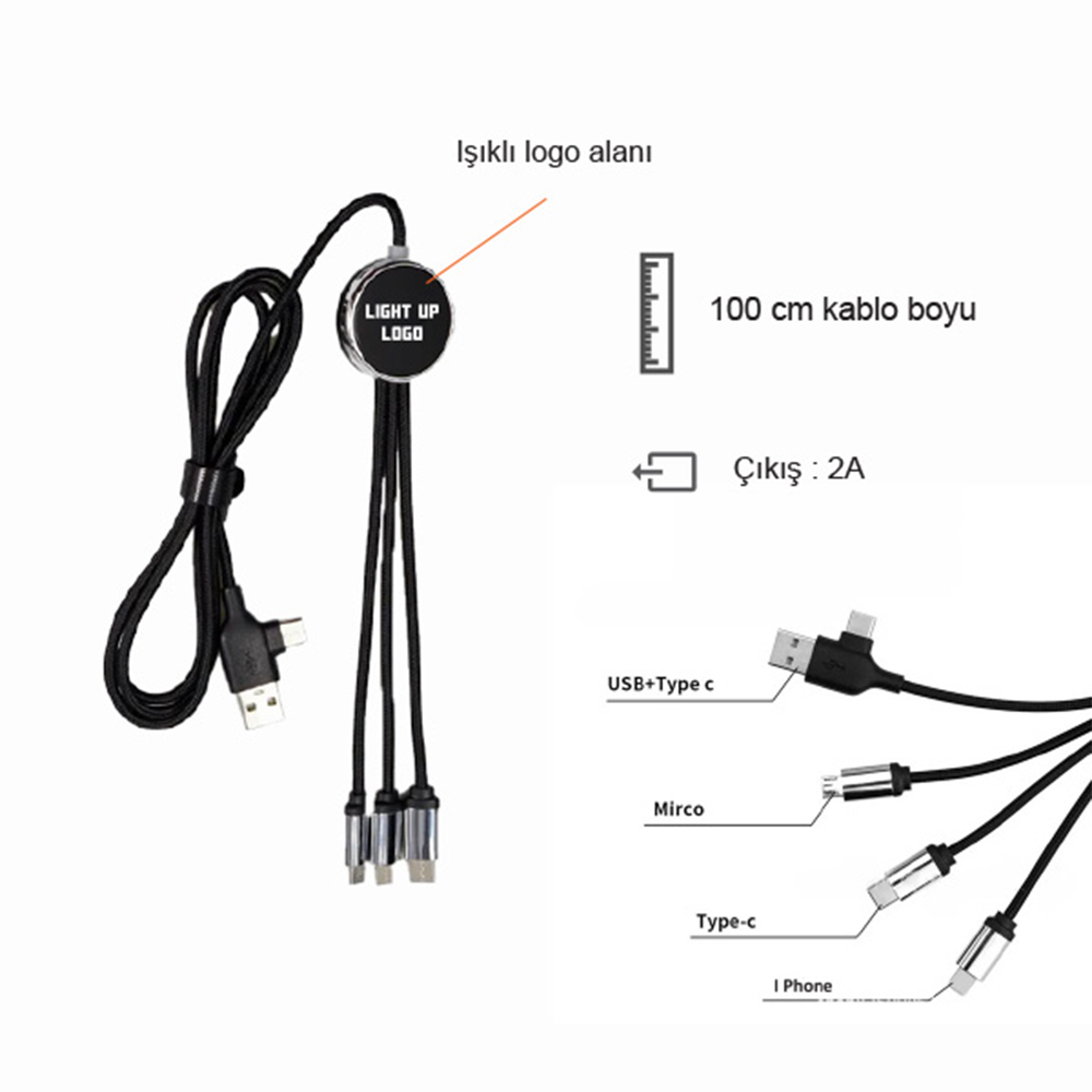 Promosyon Işıklı Logo Type-C Uçlu Şarj Kablosu