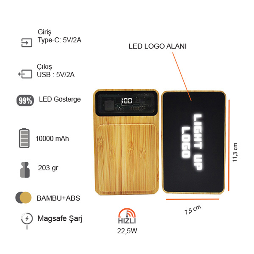 Promosyon Işıklı Logo Bambu Magsafe 10000 mAh