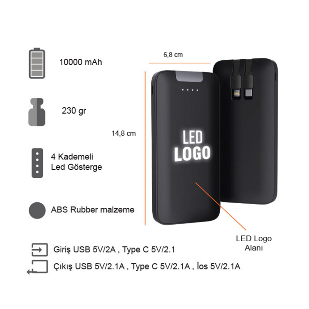 Promosyon Işıklı Logo Dahili Kablolu Powerbank 10000 mAh