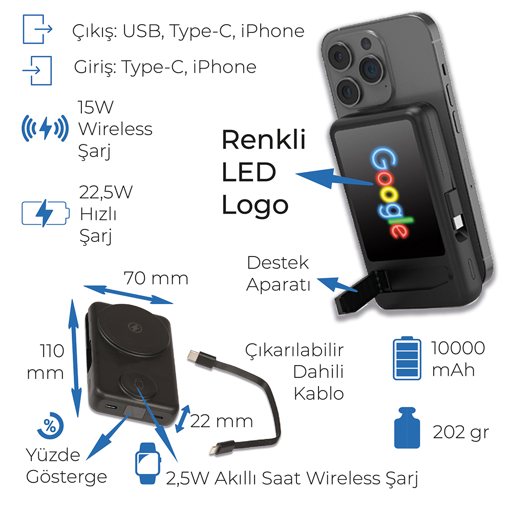 Promosyon Renkli Işıklı Logo Magsafe 10000 mAh