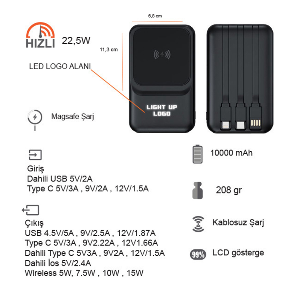 Promosyon Işıklı Logo Hızlı Wireless Şarj Magsafe 10000 mAh