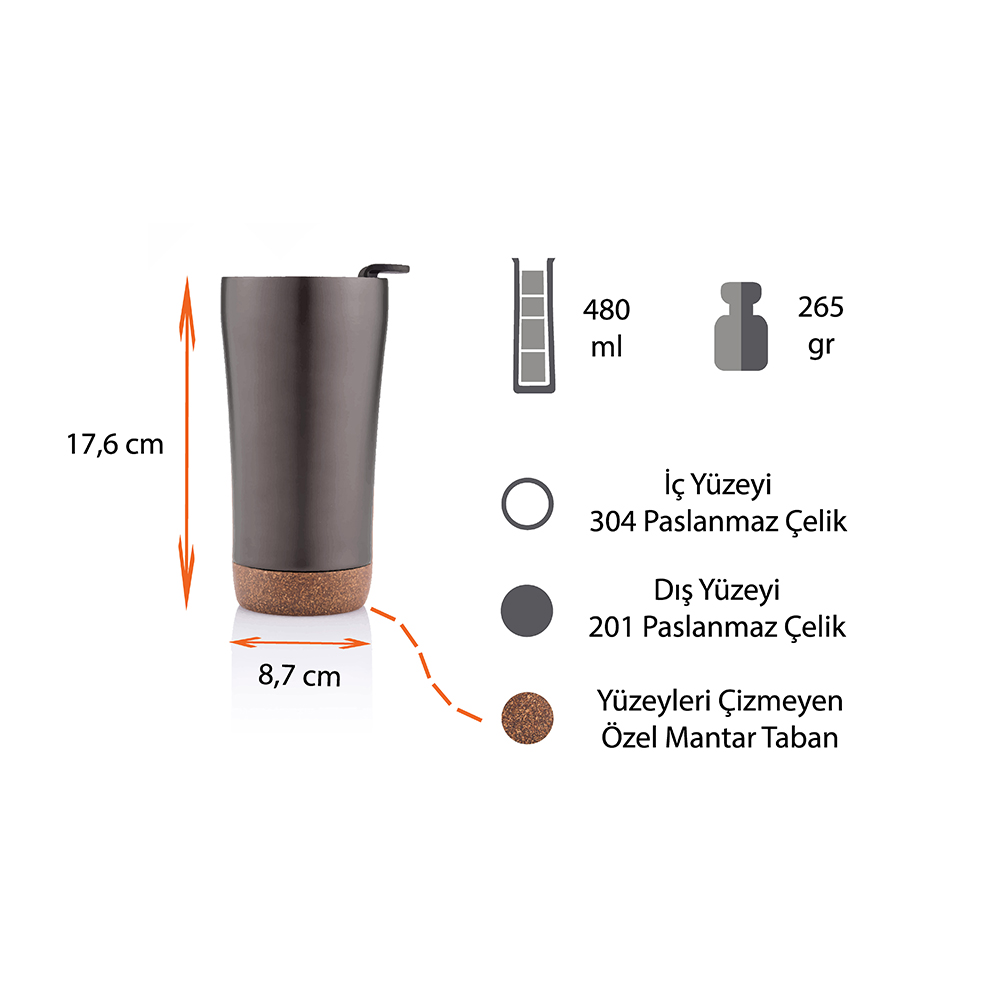 Promosyon Mantar Tabanlı Termos Bardak 480 ml